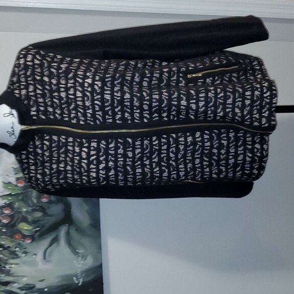 CHICOS ZENERGY COLLECTION Knit Black Lace Black/Cream Stripe JACKET Sz 3 XL 16 - Picture 2 of 13